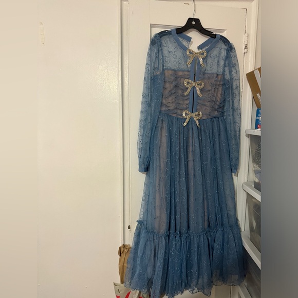 Saloni Camille bow embellished tulle midi gown in blue size US 6 worn once! - Picture 7 of 10